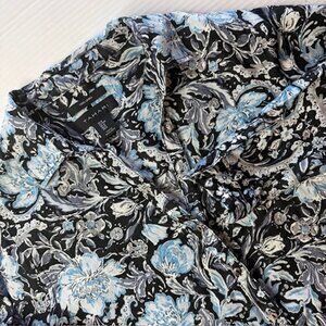 Tahari Button Front Top Plus M Blue Black Floral 100% Linen Roll Tab Sleeve EUC